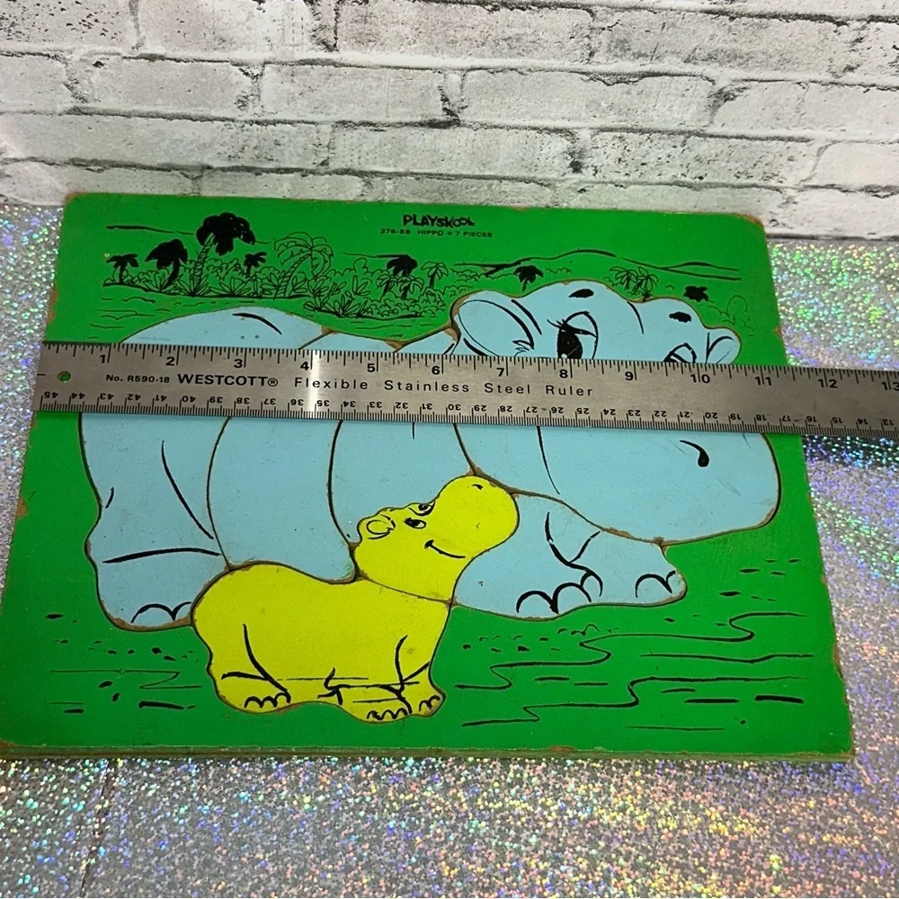 Playskool Vintage HIPPO Wooden 7 Pieces Puzzle Heavy Jigsaw Preschool COMPLETE